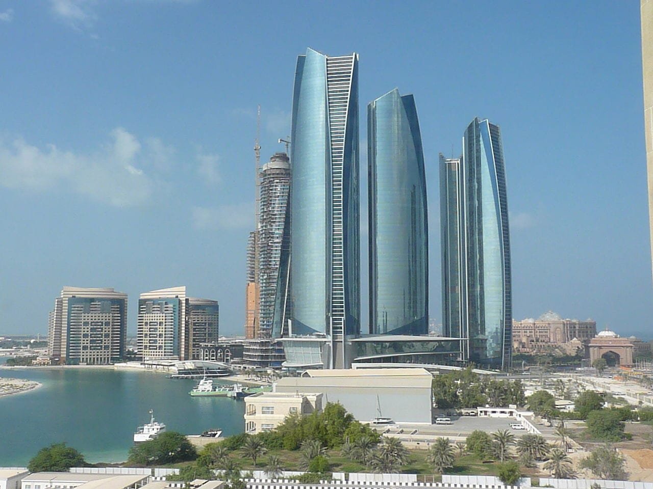 The curved glass Etihad Towers on the Abu Dhabi Corniche.