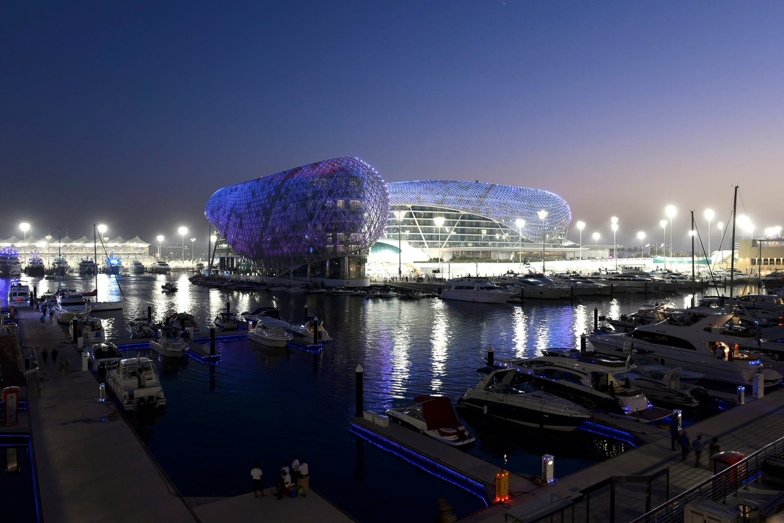 Yas Island’s waterfront edge — superyacht berths, contemporary marina architecture and a skyline that ignites at sunset.